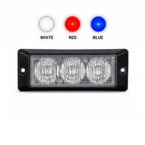 The black surface mount LED warning light head shown below three output colour swatches labelled white, red and blue