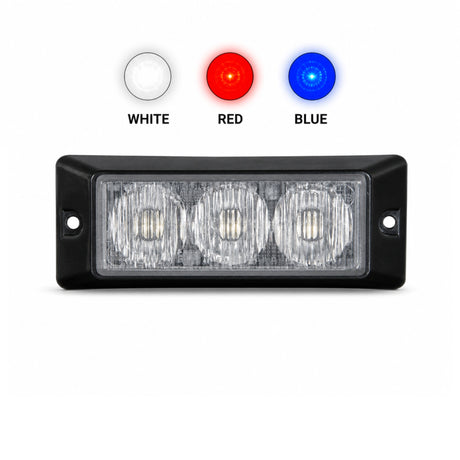 The black surface mount LED warning light head shown below three output colour swatches labelled white, red and blue