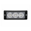 Front view of the black surface mount LED warning light head, three clear TIR optical cells behind a flush lens with a screw fixing hole in each end flange