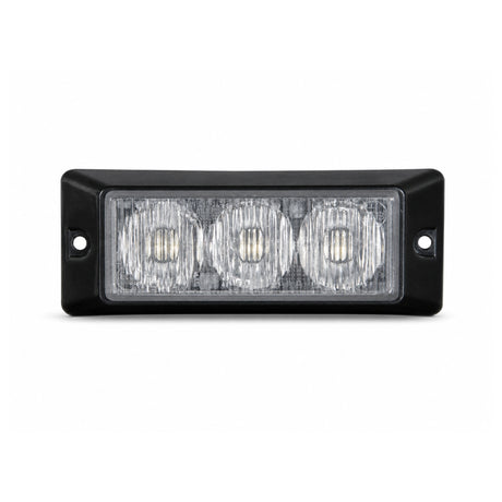 Front view of the black surface mount LED warning light head, three clear TIR optical cells behind a flush lens with a screw fixing hole in each end flange