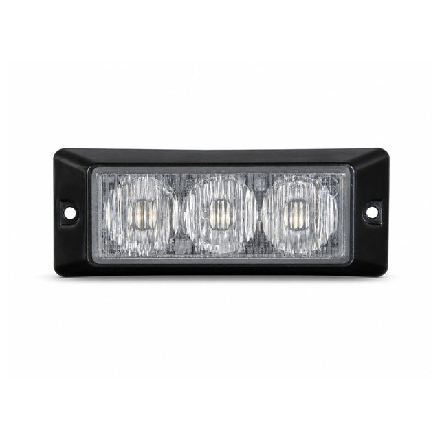 Front view of the black surface mount LED warning light head, three clear TIR optical cells behind a flush lens with a screw fixing hole in each end flange