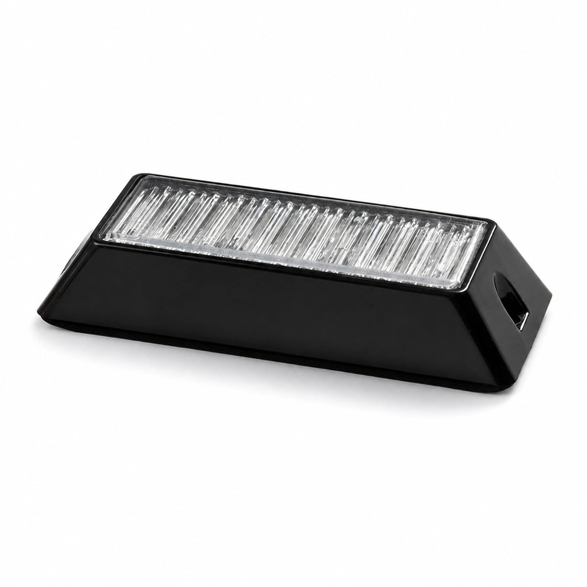 Angled view of the black LED warning light head showing the slim wedge housing, the row of three optical cells and the cable exit in the end
