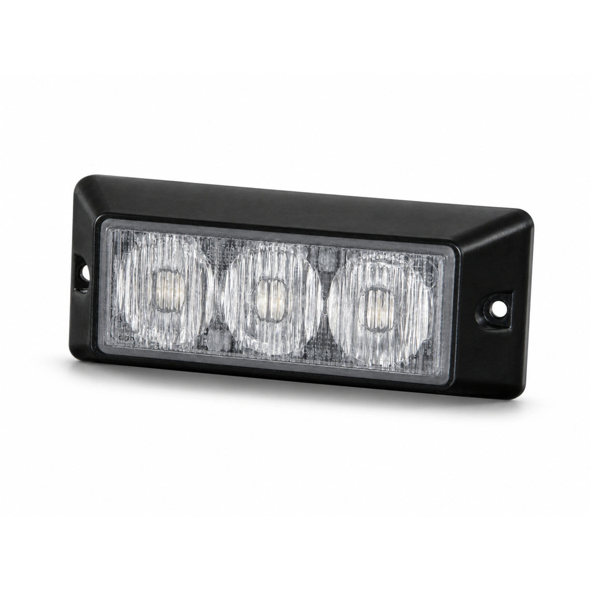 Angled front view of the black LED warning light head showing the three clear optical cells and both mounting flanges