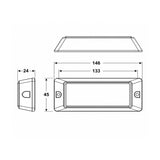Dimension drawing of the warning light head showing 146mm overall length, 133mm between mounting hole centres, 45mm height and 24mm depth