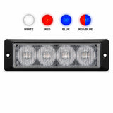 The black surface mount LED warning light head shown below four output colour swatches labelled white, red, blue and red/blue