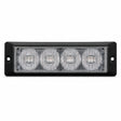 Front view of the black rectangular surface mount LED warning light head, four clear TIR optical cells behind a flush lens with a screw fixing hole in each end flange