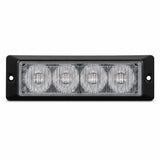 Front view of the black rectangular surface mount LED warning light head, four clear TIR optical cells behind a flush lens with a screw fixing hole in each end flange