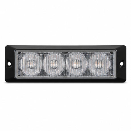 Front view of the black rectangular surface mount LED warning light head, four clear TIR optical cells behind a flush lens with a screw fixing hole in each end flange