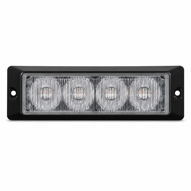 Front view of the black rectangular surface mount LED warning light head, four clear TIR optical cells behind a flush lens with a screw fixing hole in each end flange