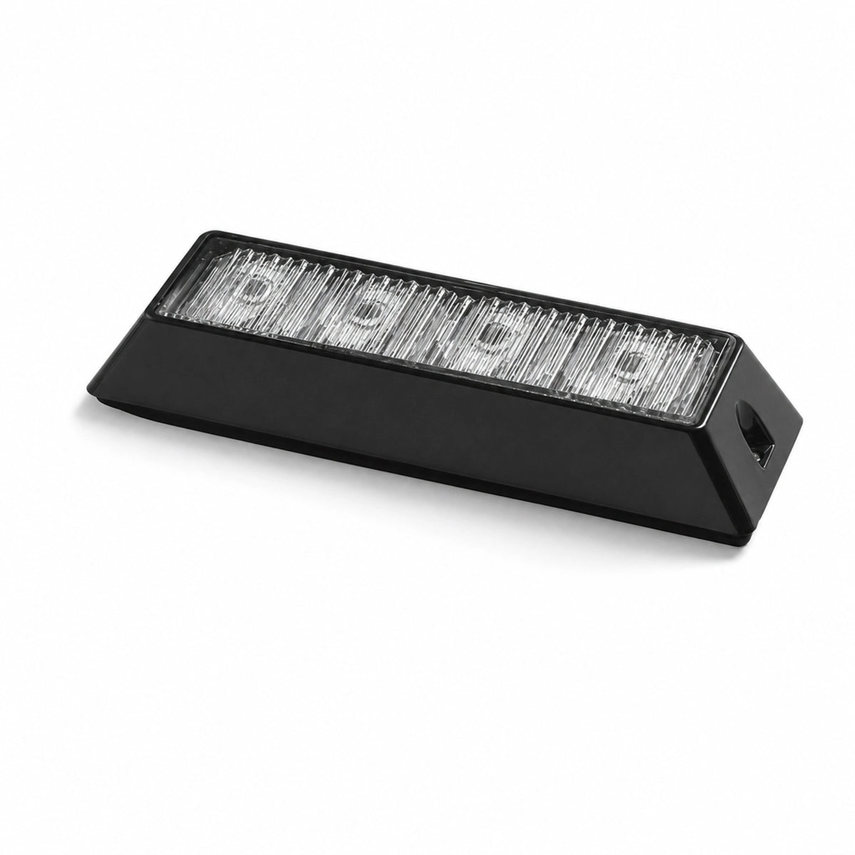 Rear three quarter view of the black LED warning light head showing the tapered wedge profile and the fixing point in the end flange