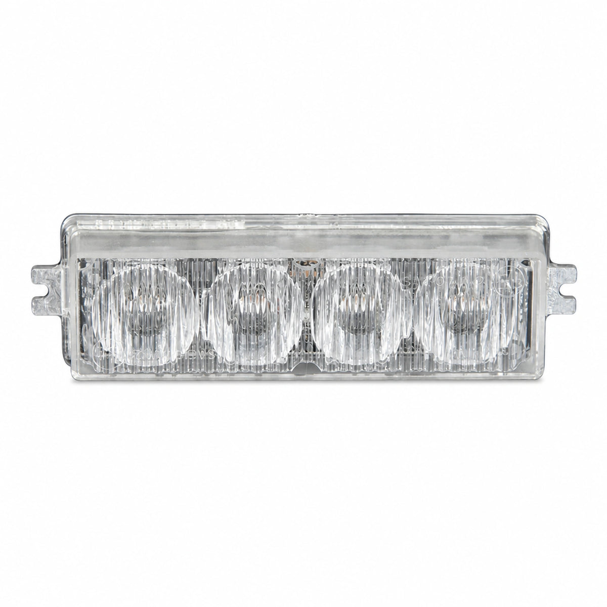 The LED warning light head with the black bezel removed, showing the clear lens body and the moulded fixing tabs at each end