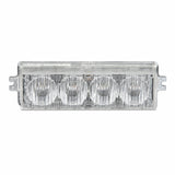 The LED warning light head with the black bezel removed, showing the clear lens body and the moulded fixing tabs at each end