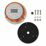 ECCO 7160A amber LED beacon with black rubber base gasket, three M5 screws, nuts and lock washers, and a rubber grommet supplied in the box