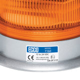 Close-up of the ECCO 7160 beacon base label showing model 7160, 12 to 24 VDC rating, CE mark and E11 approval mark