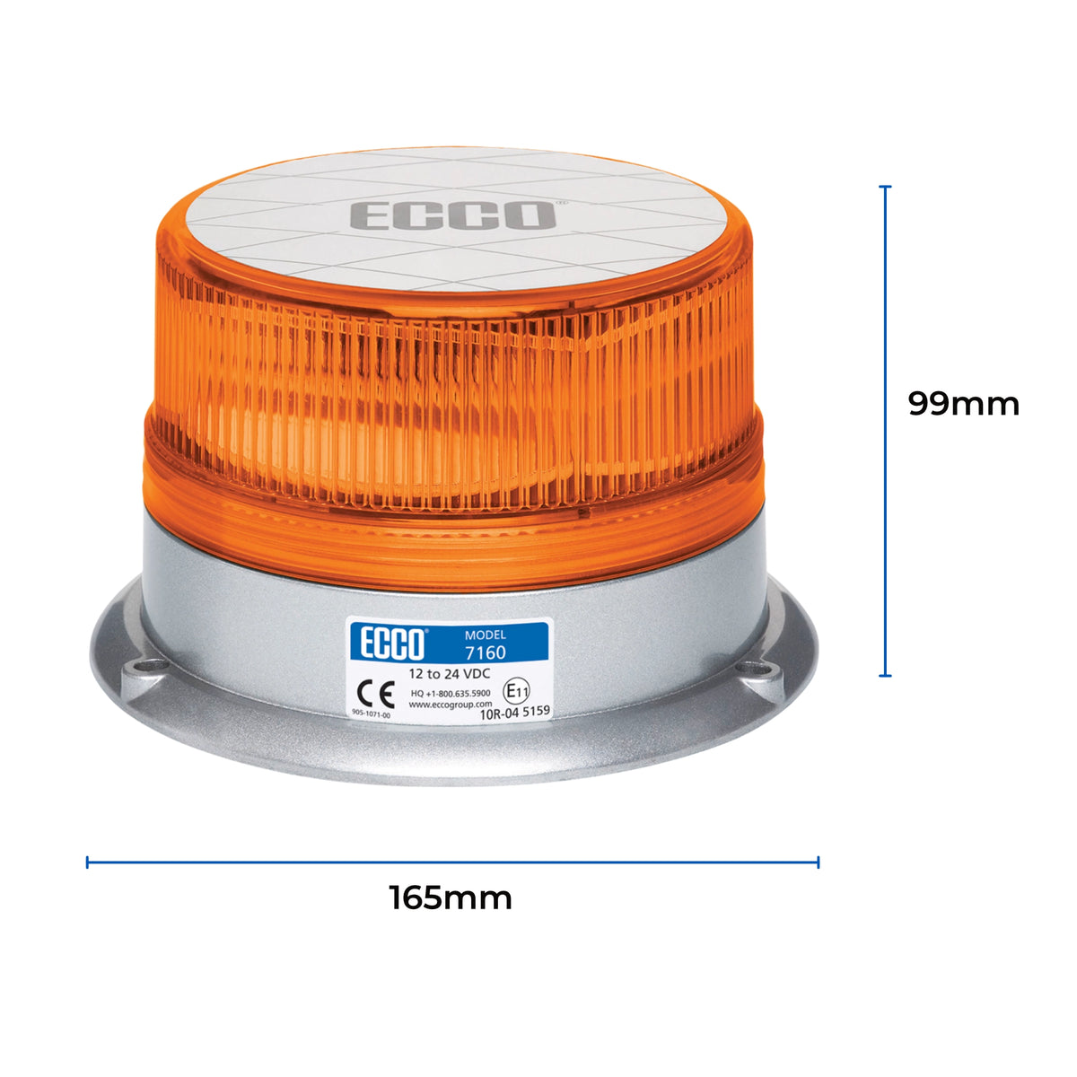 ECCO 7160A amber LED beacon dimension drawing showing 99mm height and 165mm base diameter