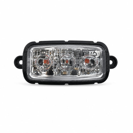 F3 9W mini red LED warning light head fitted in its black aluminium housing, front view, three CREE LEDs behind a clear TIR lens