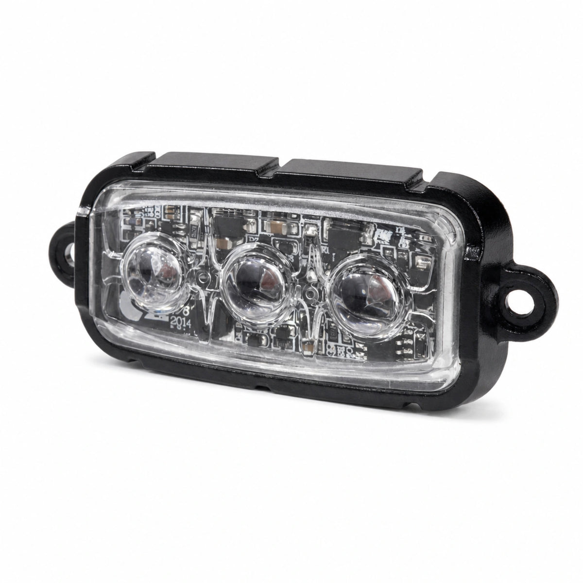 F3 9W mini LED warning light head seated in its black aluminium housing, three quarter view showing the clear TIR lens