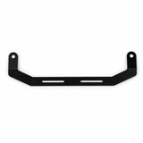 Black steel fire extinguisher seat mount bracket for the N90 Toyota Hilux, front view showing two slotted mounting holes and a bolt tab at each end