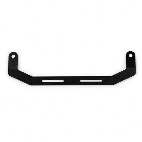 Black steel fire extinguisher seat mount bracket for the N90 Toyota Hilux, front view showing two slotted mounting holes and a bolt tab at each end