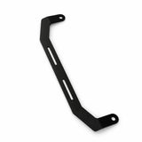 Black steel fire extinguisher seat mount bracket for the N90 Toyota Hilux, angled view showing the bent end tabs and slotted mounting holes