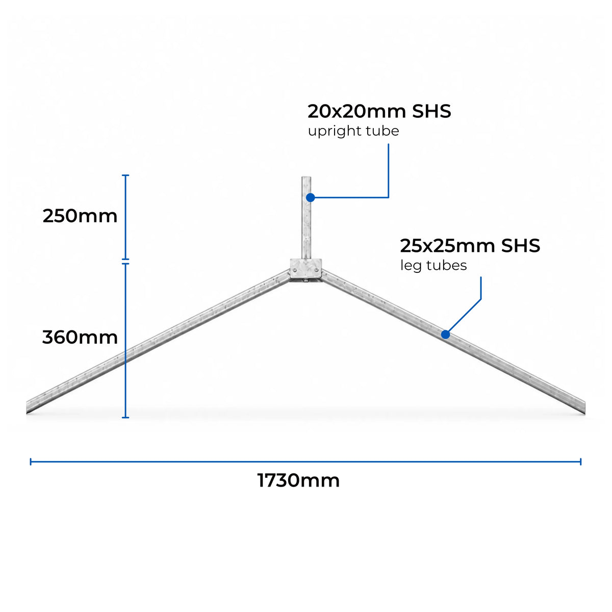 Folding DuraGal traffic sign frame leg with dimensions, folding hinge detail and SHS steel construction features