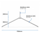 Folding DuraGal traffic sign frame leg with dimensions, folding hinge detail and SHS steel construction features