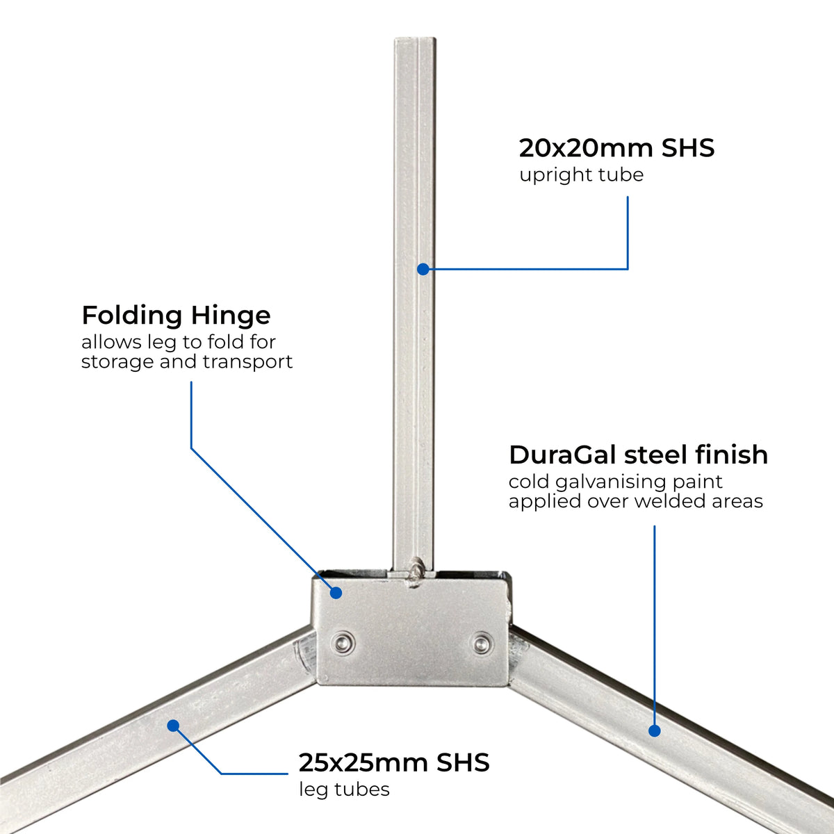 Close-up of folding hinge assembly on DuraGal traffic sign frame leg showing pivot mechanism and SHS steel construction