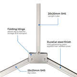 Close-up of folding hinge assembly on DuraGal traffic sign frame leg showing pivot mechanism and SHS steel construction