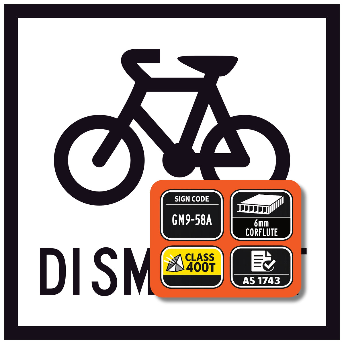 Bicycle symbol and dismount text with certification logos and text on a white background