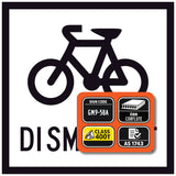 Bicycle symbol and dismount text with certification logos and text on a white background