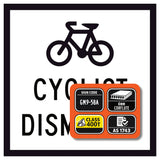 Cyclist Dismount GM9-58A corflute sign panel with sign code, 6mm corflute and Class 400T reflective sheeting specifications