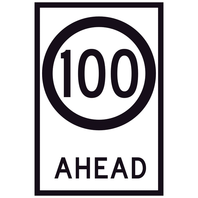 100 Speed Limit Ahead GM9-79D(100) 600x900mm corflute sign panel with black 100 speed symbol and AHEAD text on white retroreflective background