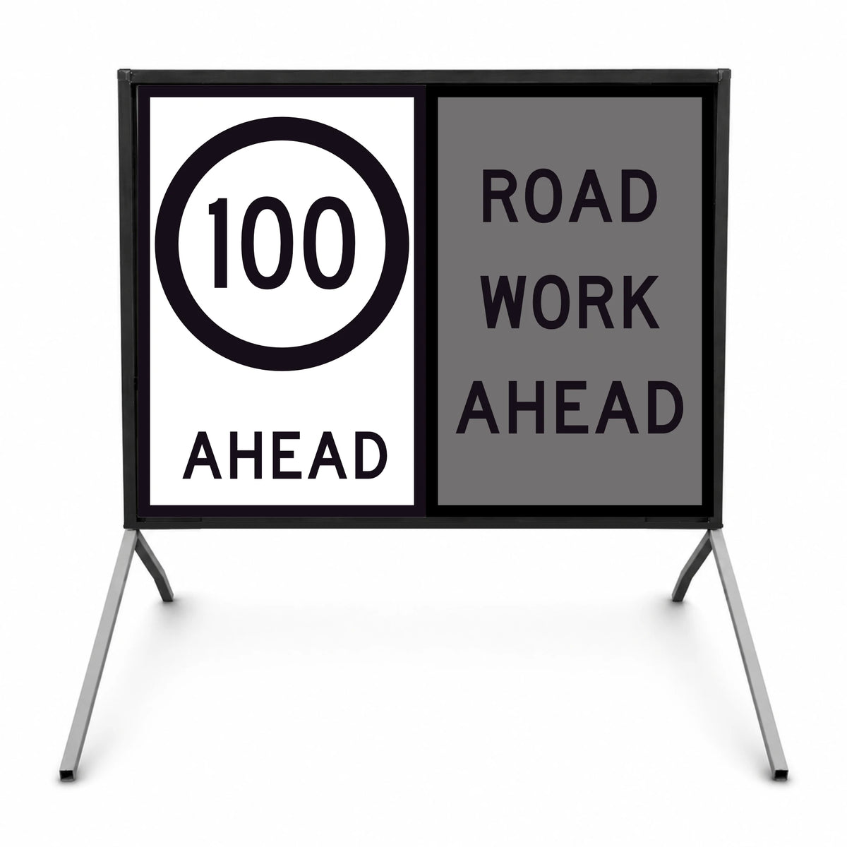 Temporary traffic road sign with speed limit 50 ahead and road work ahead warning on a stand.