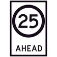 25 Speed Limit Ahead GM9-79D(25) 600x900mm corflute sign panel with black 25 speed symbol and AHEAD text on white retroreflective background