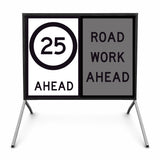 Temporary Traffic Control Road work ahead sign with 25 speed limit ahead and warning text on a stand.