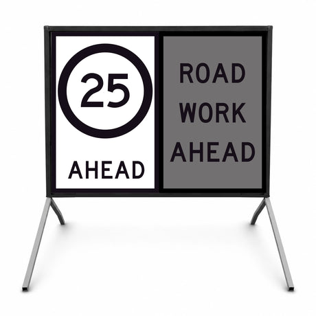 Temporary Traffic Control Road work ahead sign with 25 speed limit ahead and warning text on a stand.