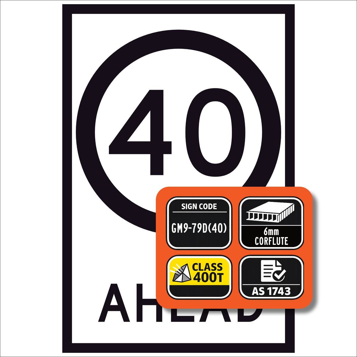 Speed Limit Ahead 40 GM9-79D(40) 600x900mm corflute sign panel with black 40 speed symbol and AHEAD text on white retroreflective background