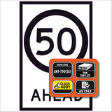 Speed Limit Ahead 50 GM9-79D(50) 600x900mm corflute sign panel with black 50 speed symbol and AHEAD text on white retroreflective background