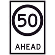 50 Speed Limit Ahead GM9-79D(50) 600x900mm corflute sign panel with black 50 speed symbol and AHEAD text on white retroreflective background