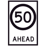 50 Speed Limit Ahead GM9-79D(50) 600x900mm corflute sign panel with black 50 speed symbol and AHEAD text on white retroreflective background