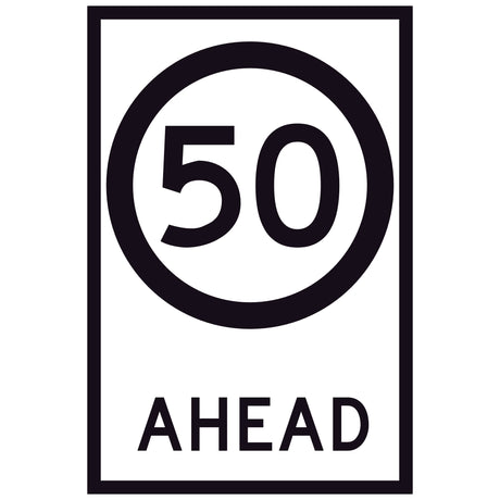 50 Speed Limit Ahead GM9-79D(50) 600x900mm corflute sign panel with black 50 speed symbol and AHEAD text on white retroreflective background