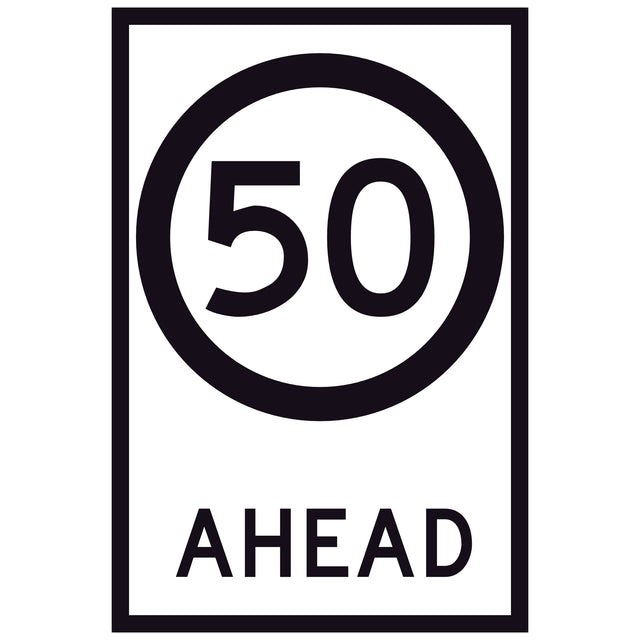 50 Speed Limit Ahead GM9-79D(50) 600x900mm corflute sign panel with black 50 speed symbol and AHEAD text on white retroreflective background