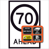 70 Speed Limit Ahead GM9-79(70) 600x900mm corflute sign panel with black 70 speed symbol and AHEAD text on white retroreflective background