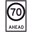 70 Speed Limit Ahead GM9-79(70) 600x900mm corflute sign panel with black 70 speed symbol and AHEAD text on white retroreflective background