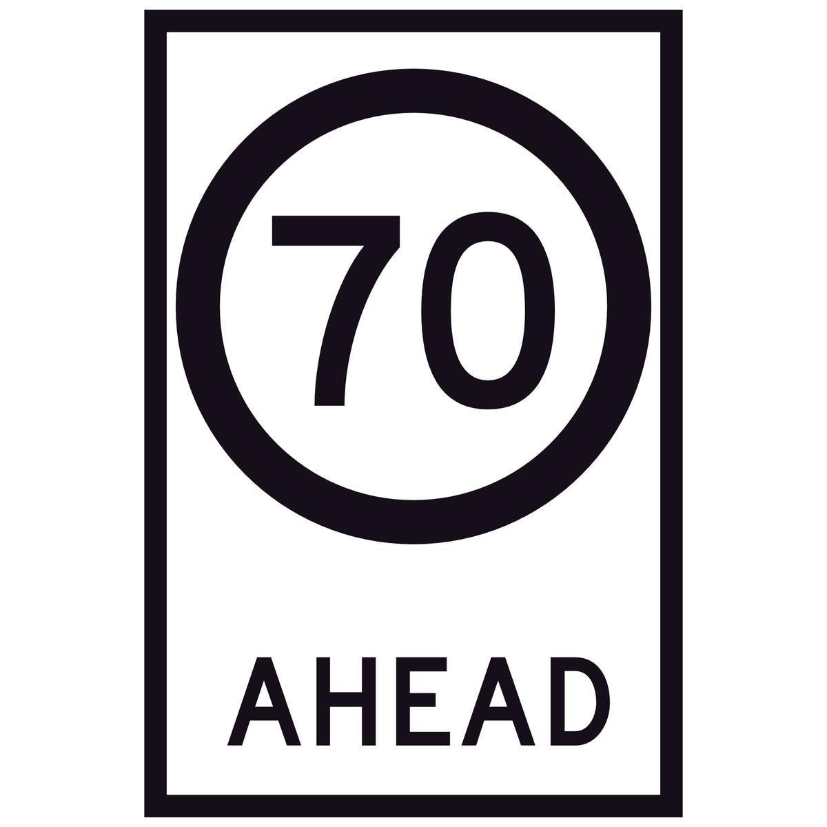70 Speed Limit Ahead GM9-79(70) 600x900mm corflute sign panel with black 70 speed symbol and AHEAD text on white retroreflective background