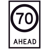 70 Speed Limit Ahead GM9-79(70) 600x900mm corflute sign panel with black 70 speed symbol and AHEAD text on white retroreflective background