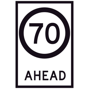 70 Speed Limit Ahead GM9-79(70) 600x900mm corflute sign panel with black 70 speed symbol and AHEAD text on white retroreflective background