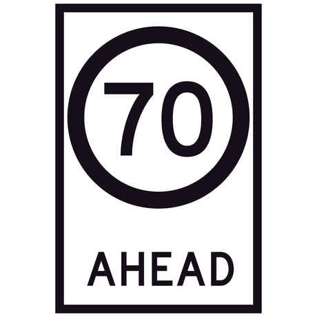 70 Speed Limit Ahead GM9-79(70) 600x900mm corflute sign panel with black 70 speed symbol and AHEAD text on white retroreflective background