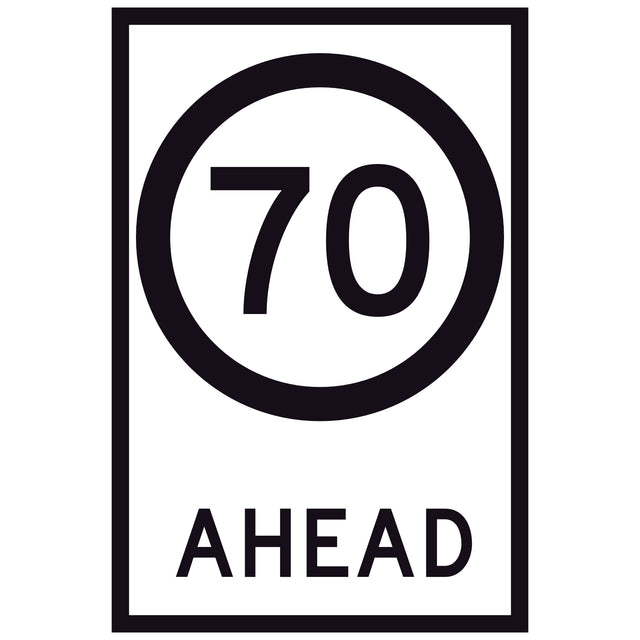 70 Speed Limit Ahead GM9-79(70) 600x900mm corflute sign panel with black 70 speed symbol and AHEAD text on white retroreflective background