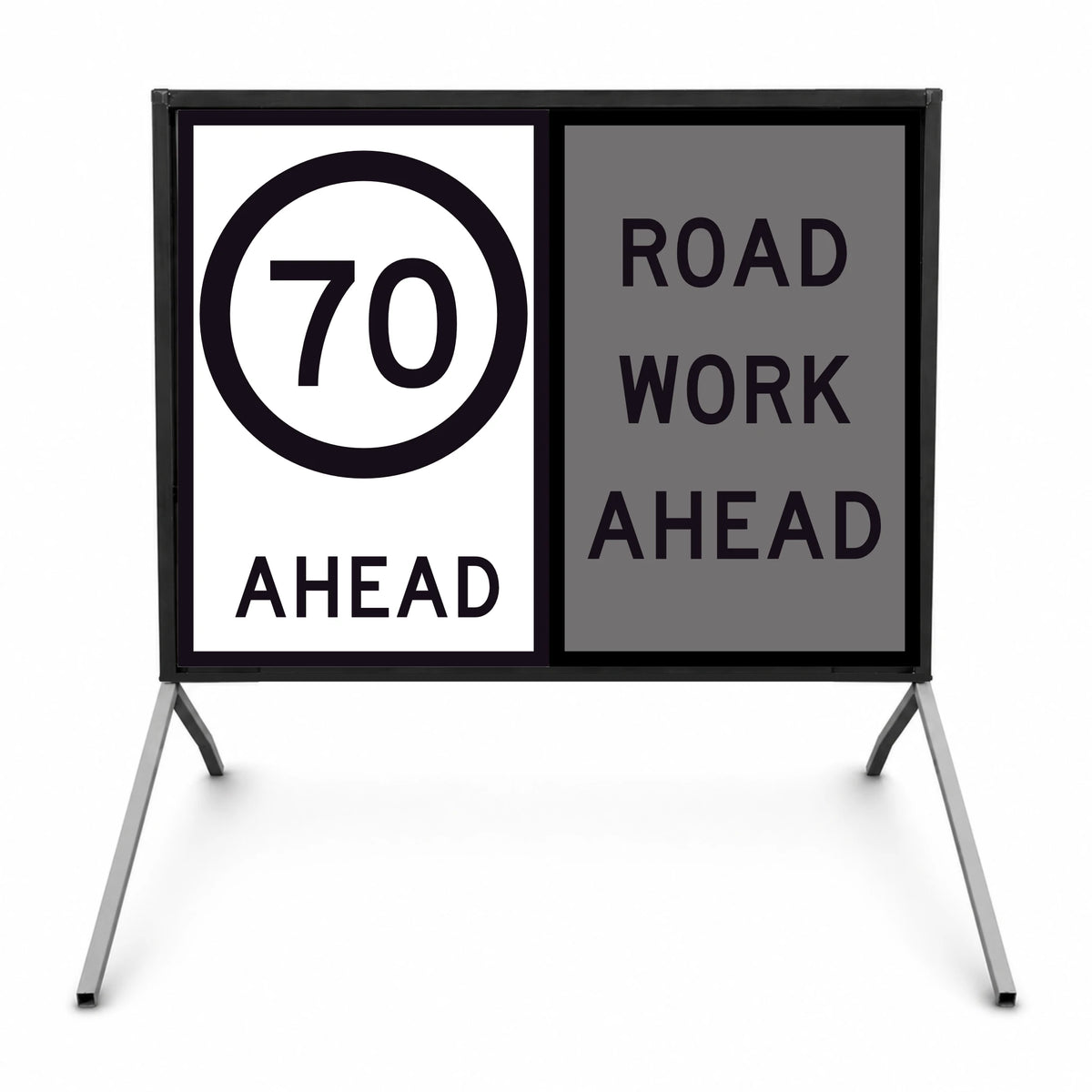 Temporary traffic road sign with speed limit 70 ahead and 'Road Work Ahead' message on a stand.